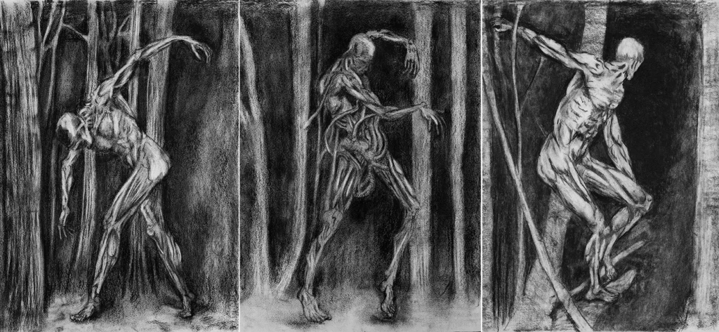 DANSE DANS LES BOIS I, II et III – 60x60cm – Fusain